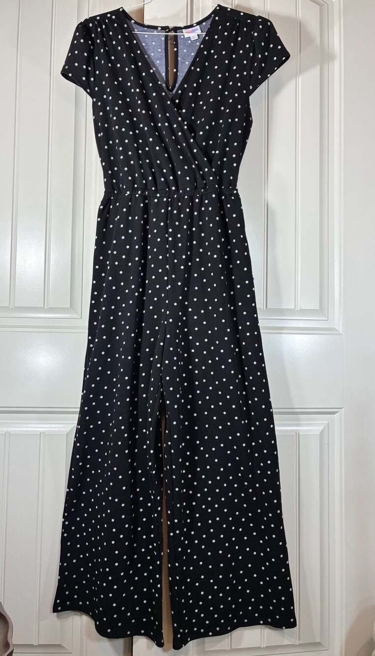 LuLaRoe Polka Dot Jumpsuit Size M Black White V-Neck Wide Leg